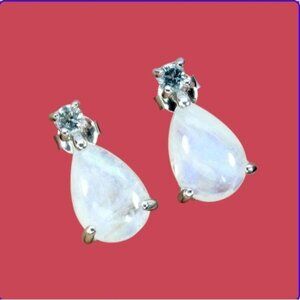 925 Sterling Silver Earrings with Natural Moonstone 12x8mm & Aquamarine Gems